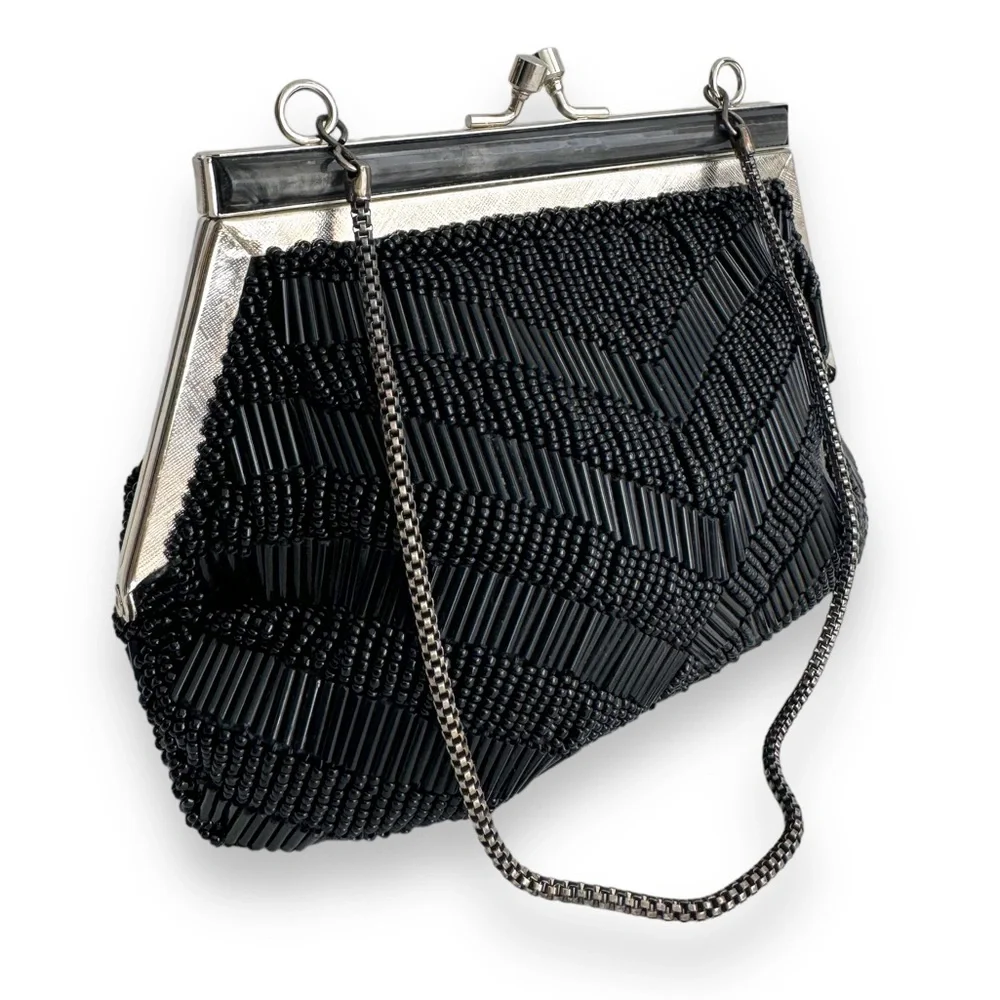 Vintage Fancy Mini Purse Beaded Clutch Black Silver 60's 70's
